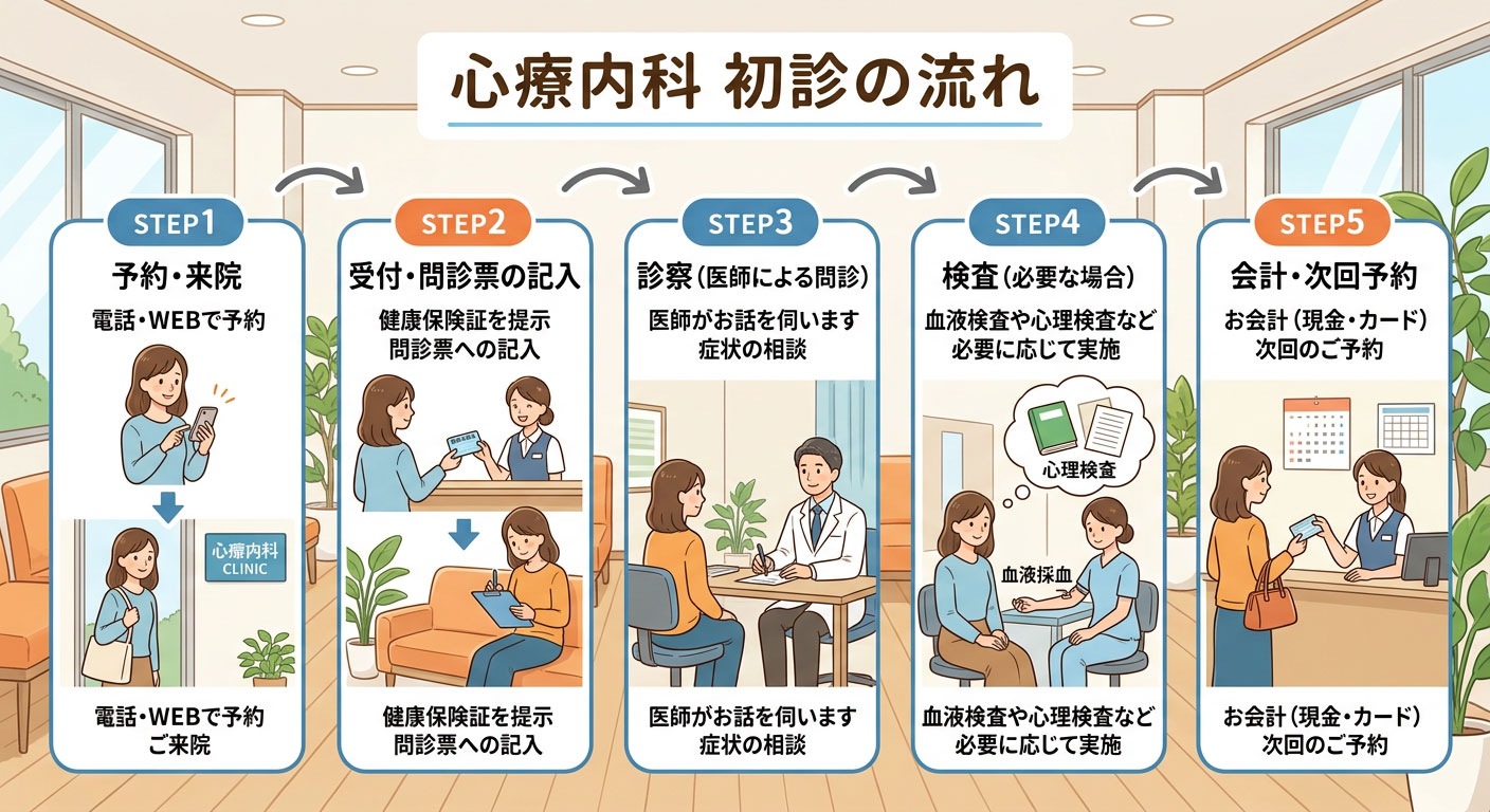 初診の流れ（予約→受付→問診票記入→診察→会計）のフローチャート